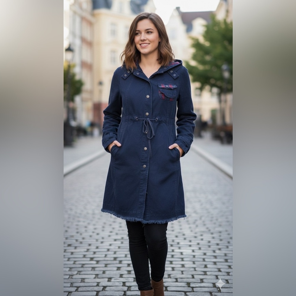 Free People Hooded distressed long snap button closure jacket